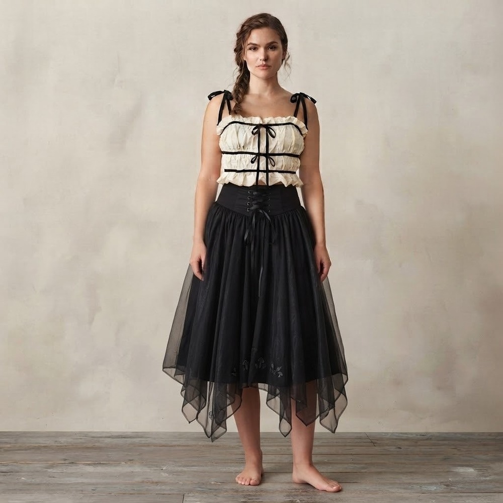 Ruffle Smocked Crop Cami Top Cream Black Tie Small Coquette renn faire milkmaid